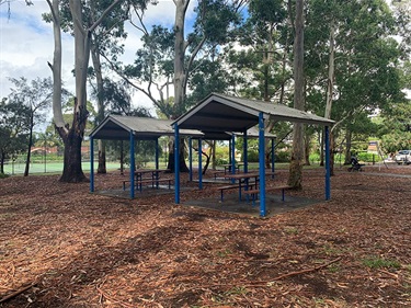 Queen Elizabeth Reserve tennis courts seating and picnic shelter