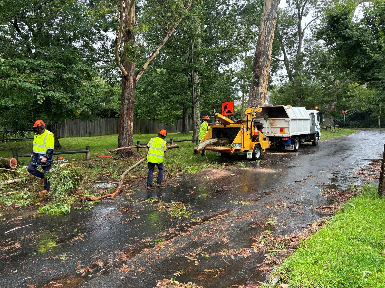 Ku-ring-gai Council staff attend to a fallen tree branch after recent storms